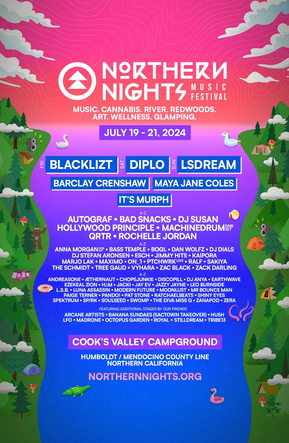 Event poster for Northern Nights Music Festival, July 19-21, 2024, at Cook's Valley Campground in Humboldt/Mendocino County, Northern California. Features festival lineup with performances by Blacklizh, Diplo, LSDREAM, Barclay Crenshaw, Maya Jane Col