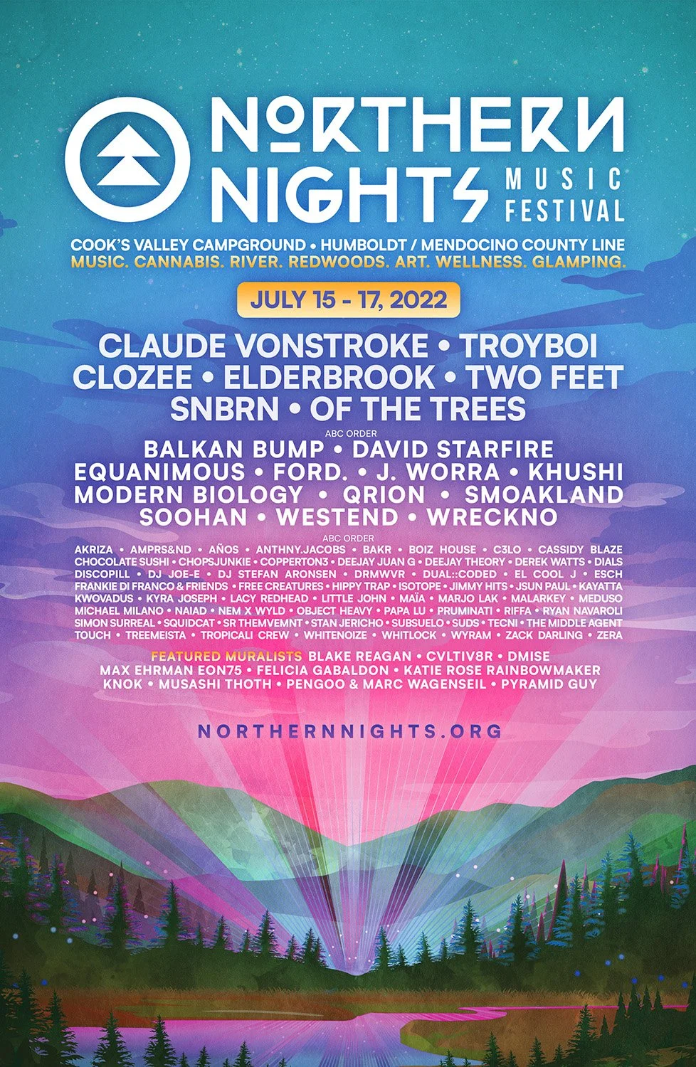 Northern Nights Music Festival poster with a mountain and forest scene at sunset, festival dates July 15-17, 2022, lineup of performers, and website URL.