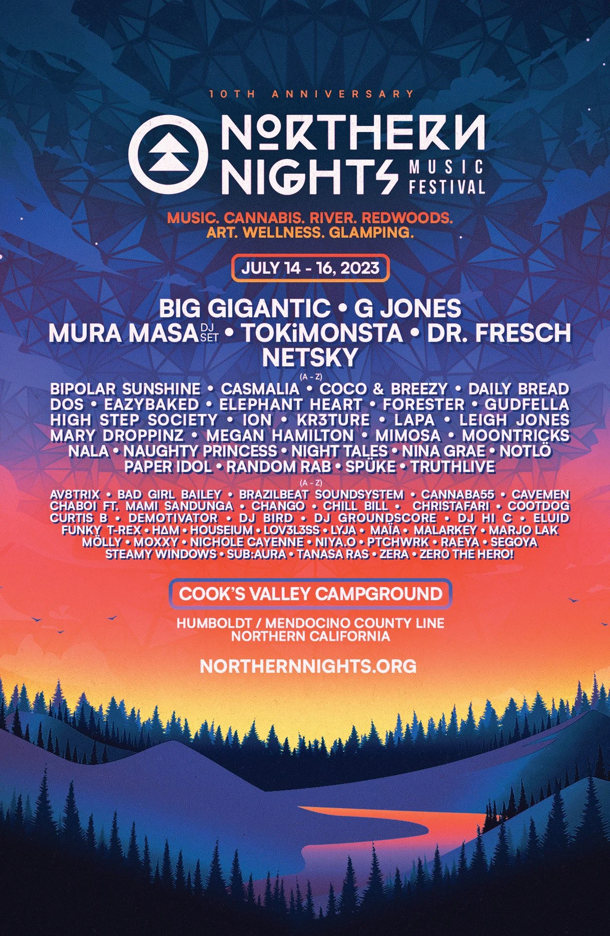 Poster for the 10th Northern Nights Music Festival, July 14-16, 2023, at Cook's Valley Campground in Humboldt / Mendocino County, California. Features lineup of artists and performers.