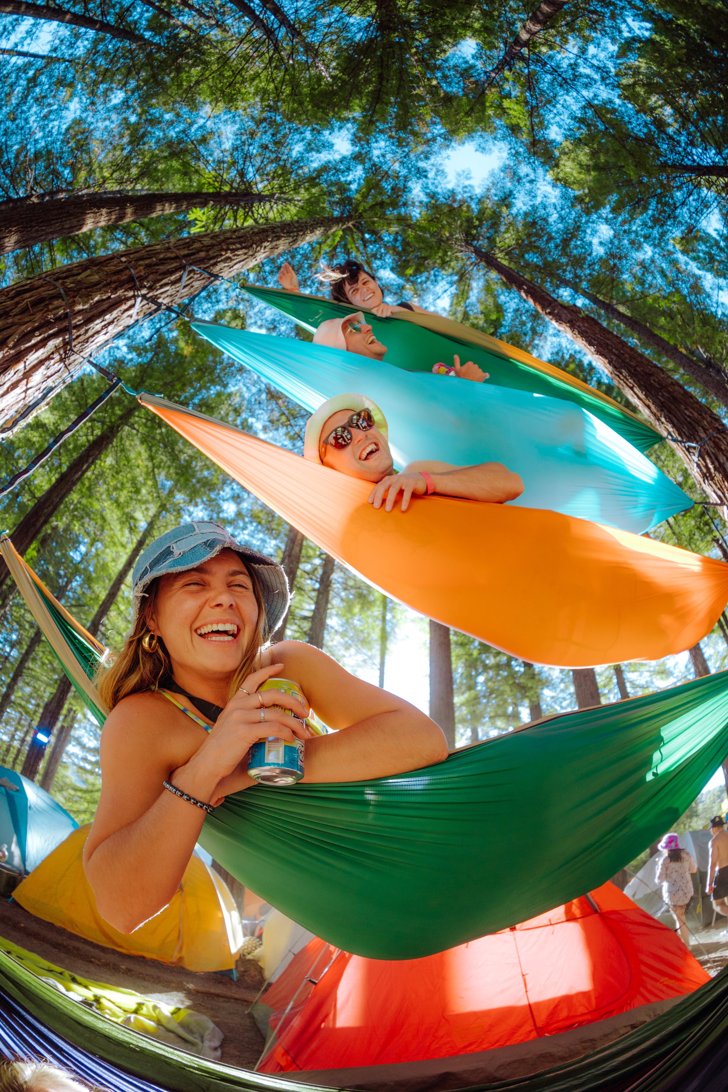 People relaxing in colorful hammocks hanging between tall trees in a forest, enjoying a sunny day.