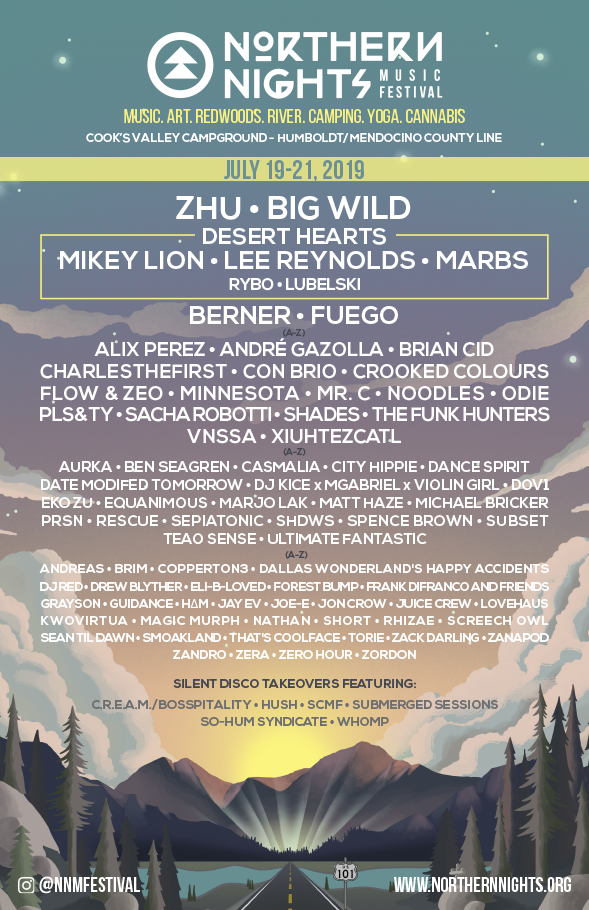 Poster for the Northern Nights Music Festival, held July 19-21, 2019, at Cook's Valley Campground in Humboldt/Mendocino County. Features artists like Zhu, Big Wild, Desert Hearts, and Mikey Lion. Also lists multiple performers across various genres, 