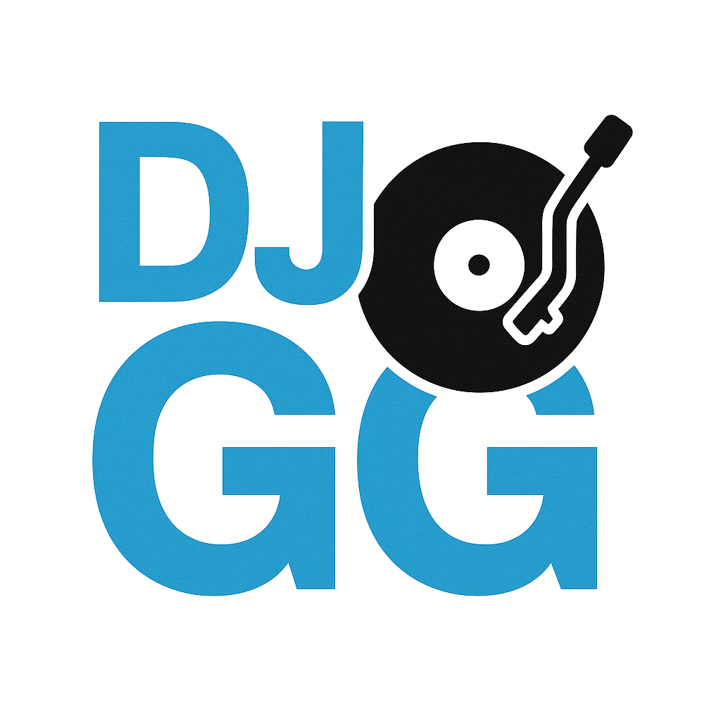 Logo with the text 'DJ G G' in blue and a black turntable with a stylus.