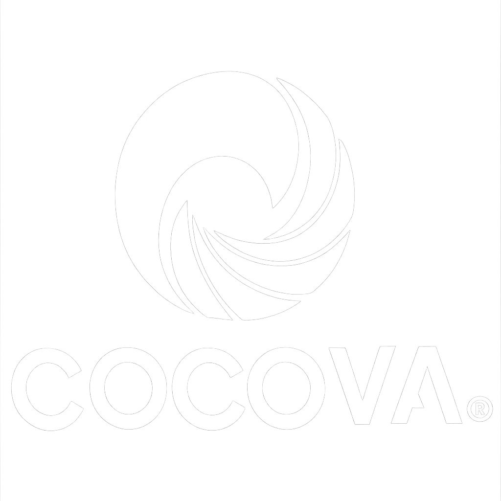 Logotipo en colores blanco y negro con una figura circular de forma espiral y la palabra "Cocova" debajo.