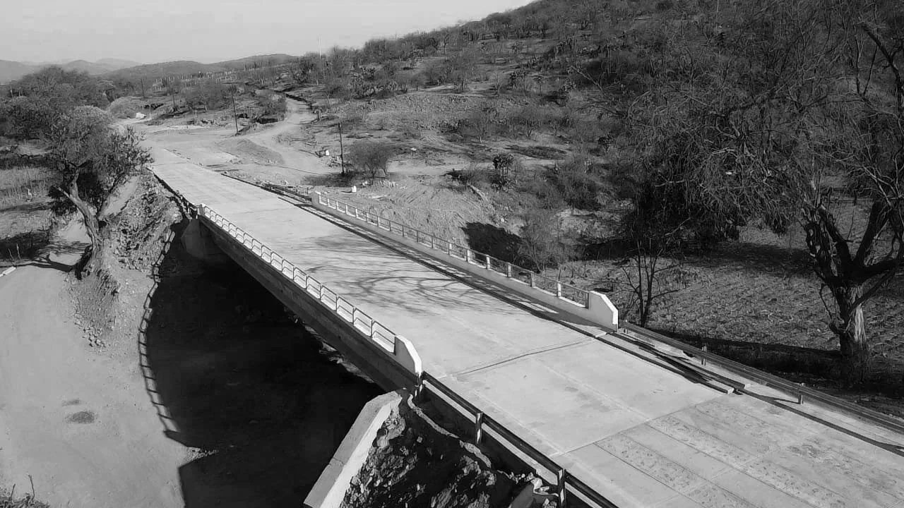 Puente de concreto en un paisaje rural con árboles y colinas, en blanco y negro.