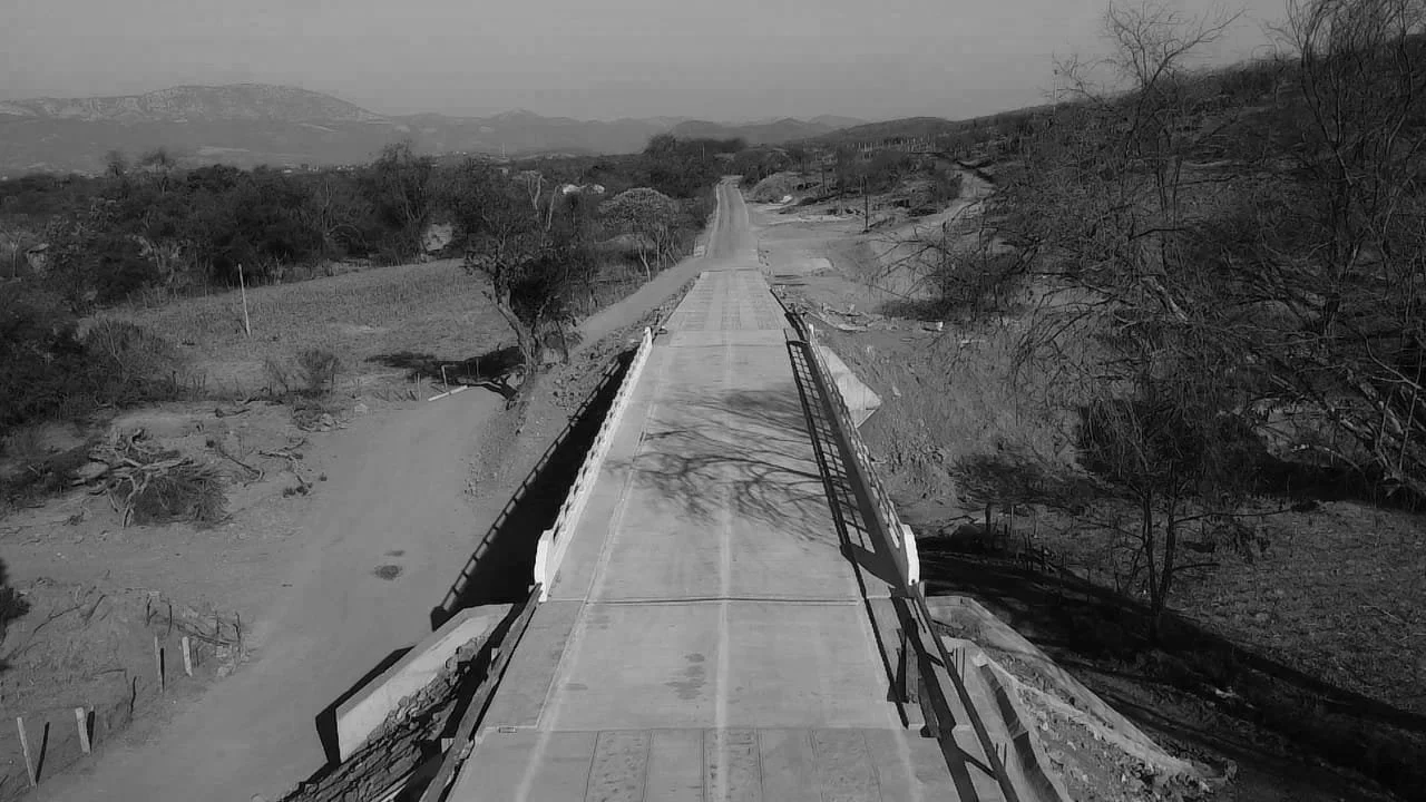 Vista en blanco y negro de un puente y un camino rural en un paisaje de campo con árboles y montañas al fondo.