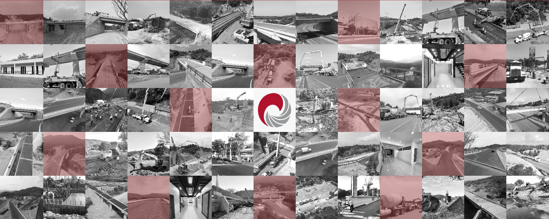 Colaje de fotos en construcción de carreteras, puentes y obras de infraestructura, en blanco y negro con algunas secciones en color rosa, incluyendo maquinaria y procedimientos de ingeniería civil.