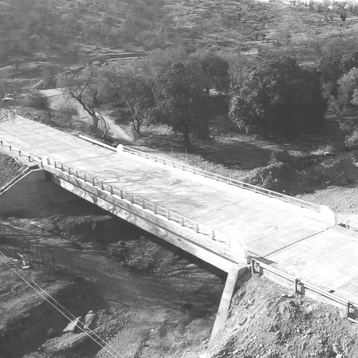 Puente de concreto sobre un río con árboles y áreas verdes alrededor