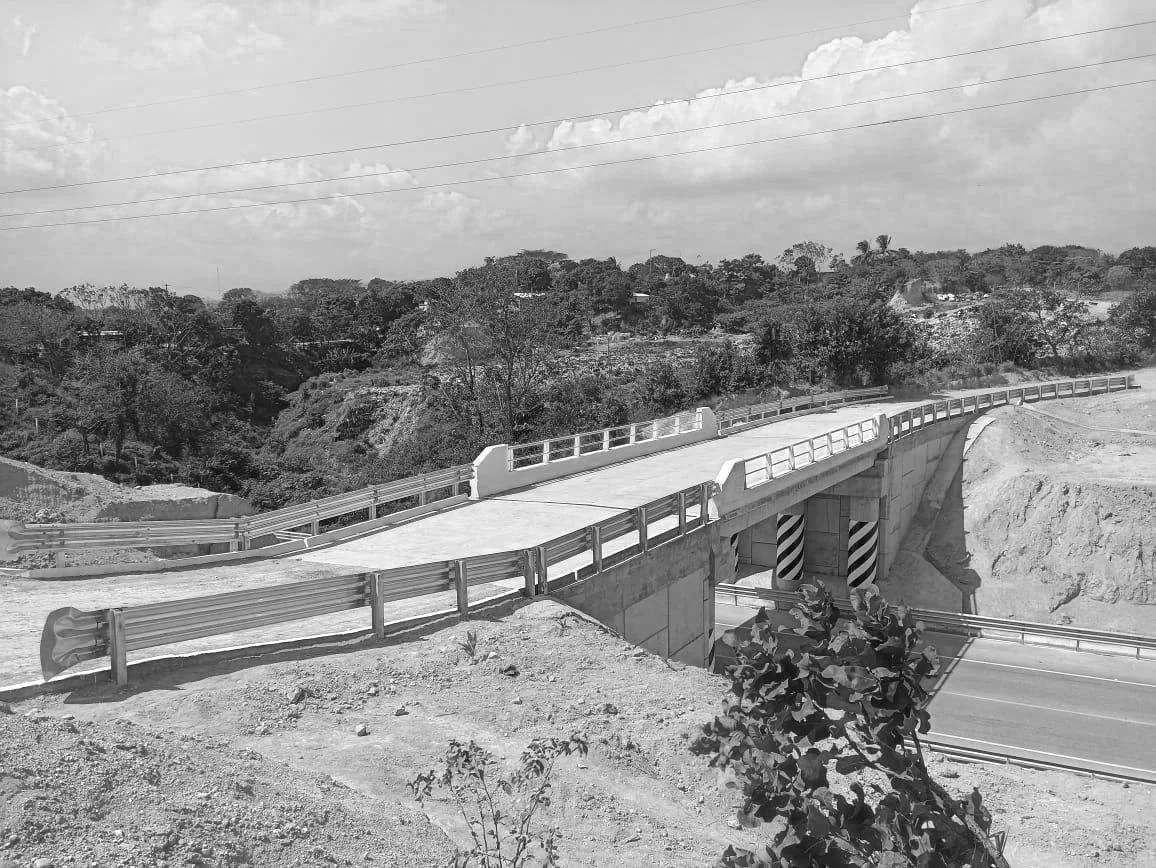 Puente en construcción sobre un valle con árboles y cielo nublado en blanco y negro.