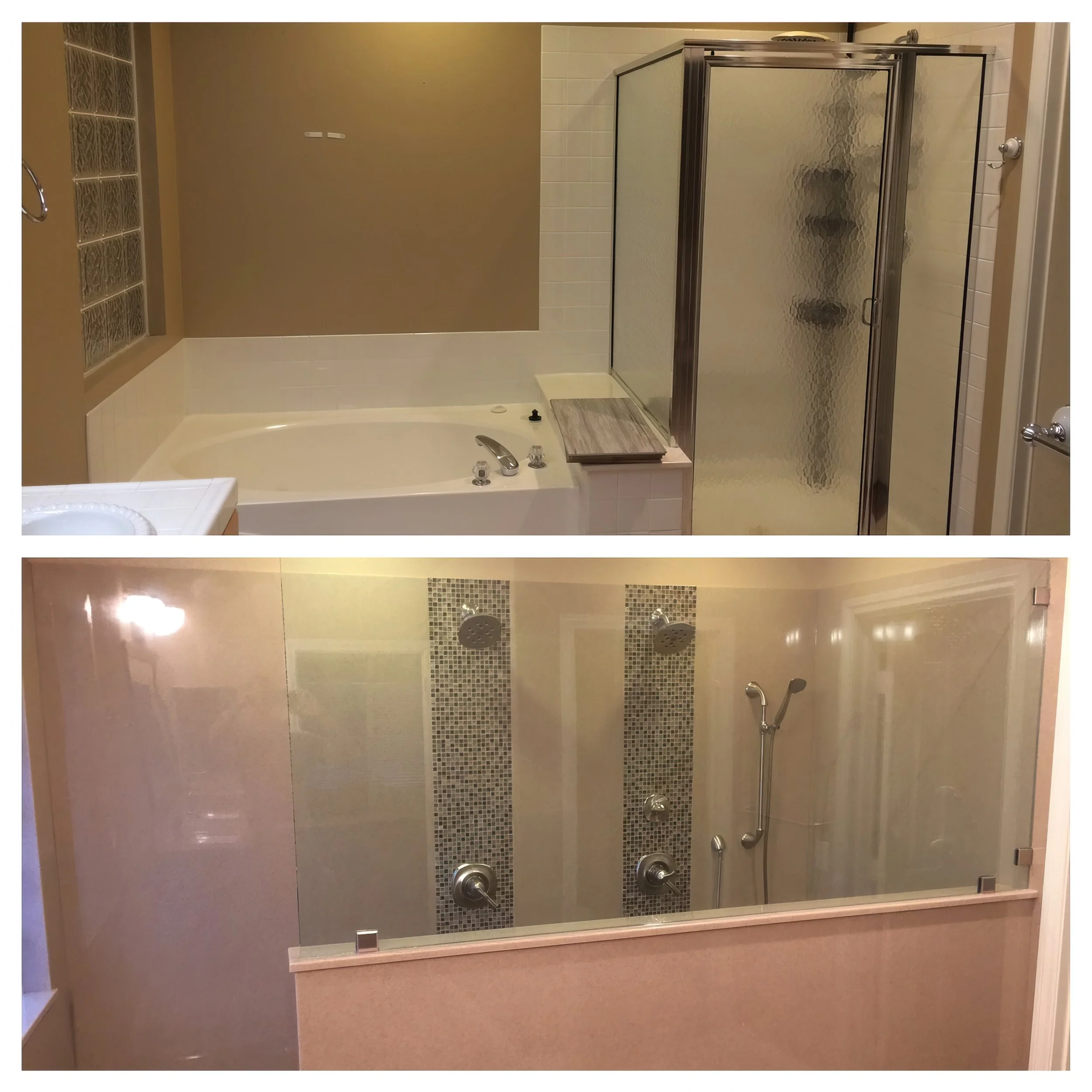 Half-wall walk-in shower with dual shower heads, mosaic tile accent columns, and glass partition enclosure.