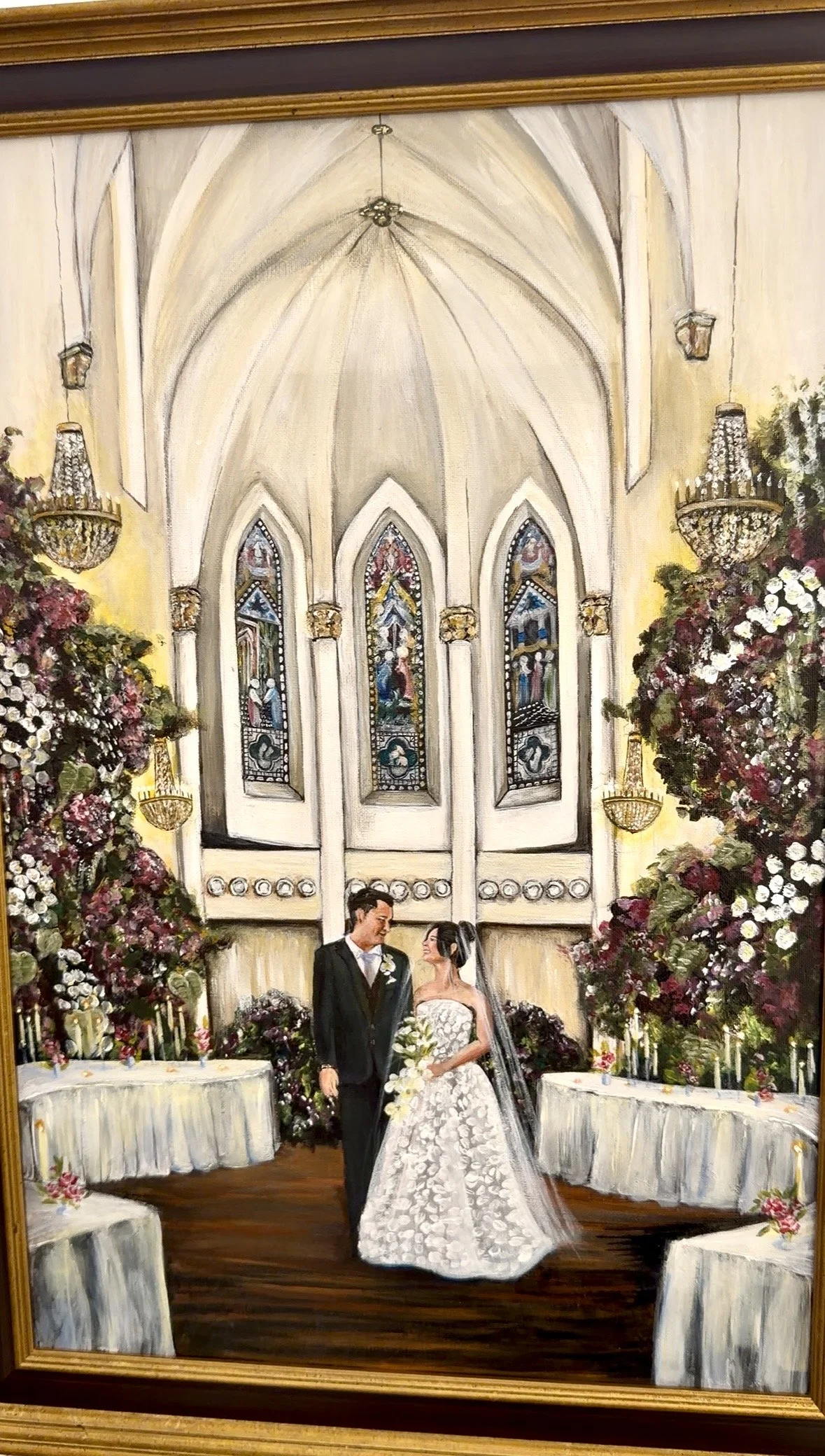 Wedding painting Singapore featuring a bride and groom in a grand church ceremony.
