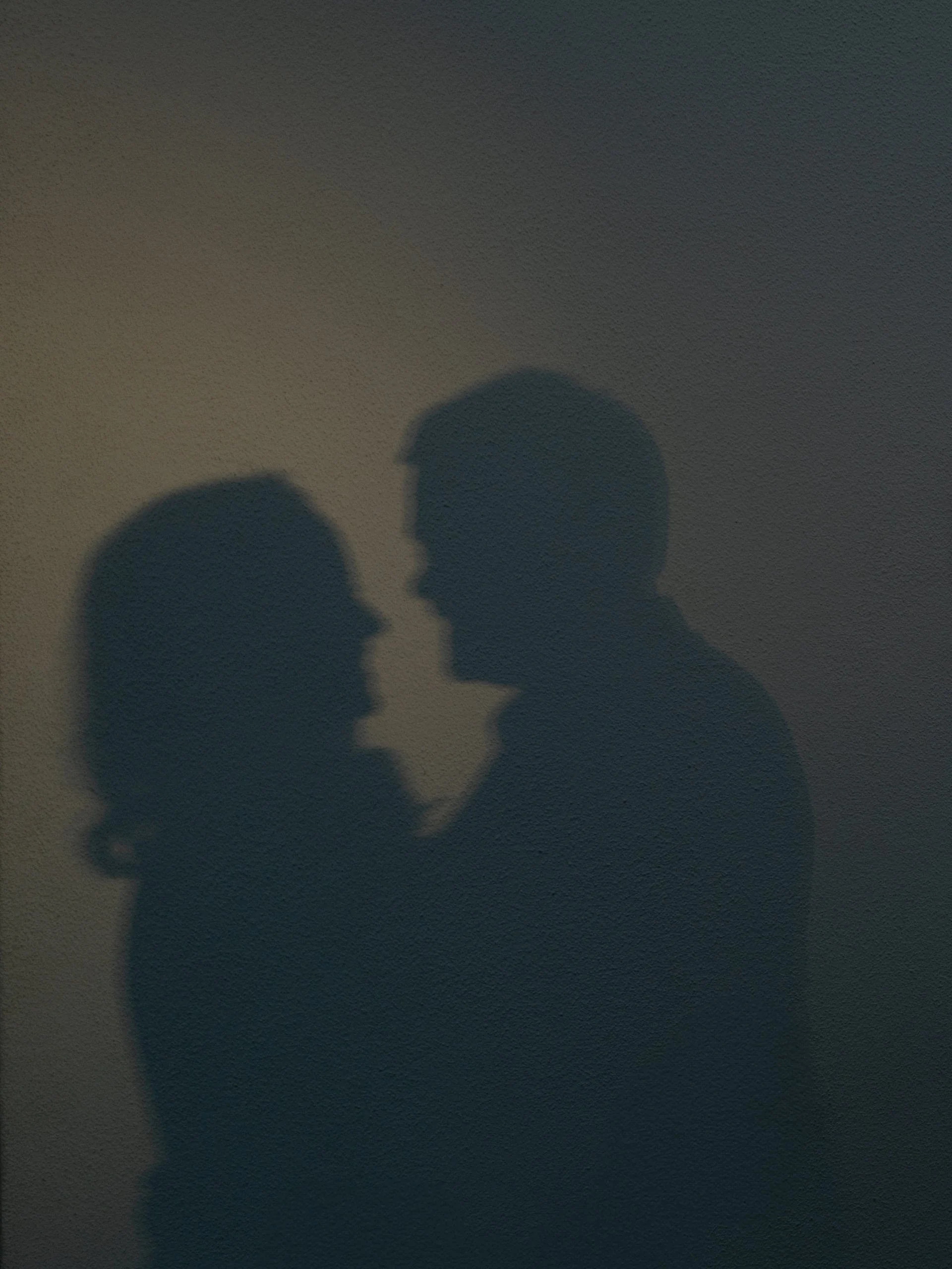 Silhouettes of a man and woman facing each other closely on a wall.