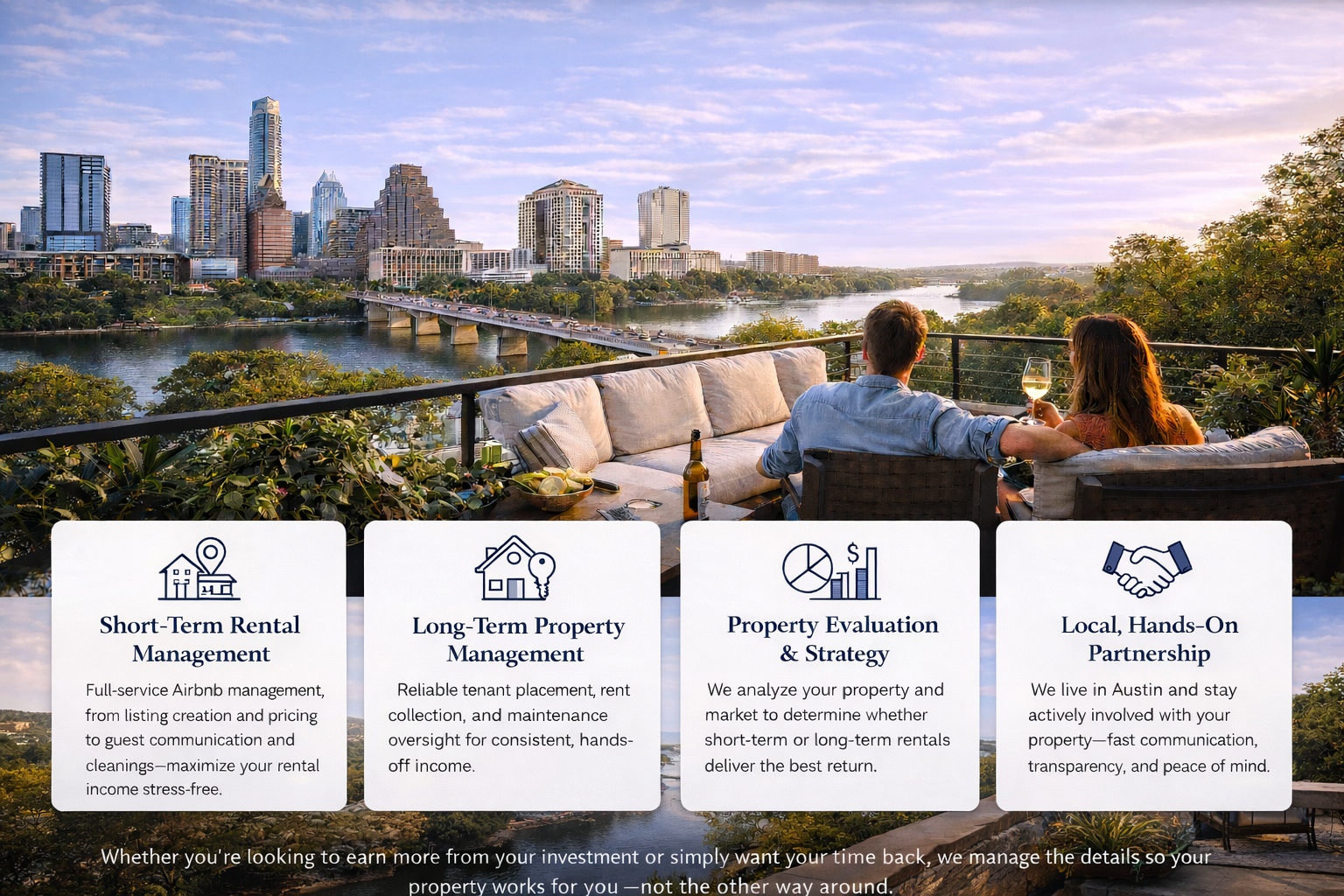 A couple sitting on a balcony enjoying the sunset view of Austin's skyline and river, with various service offerings overlayed in icons and text.