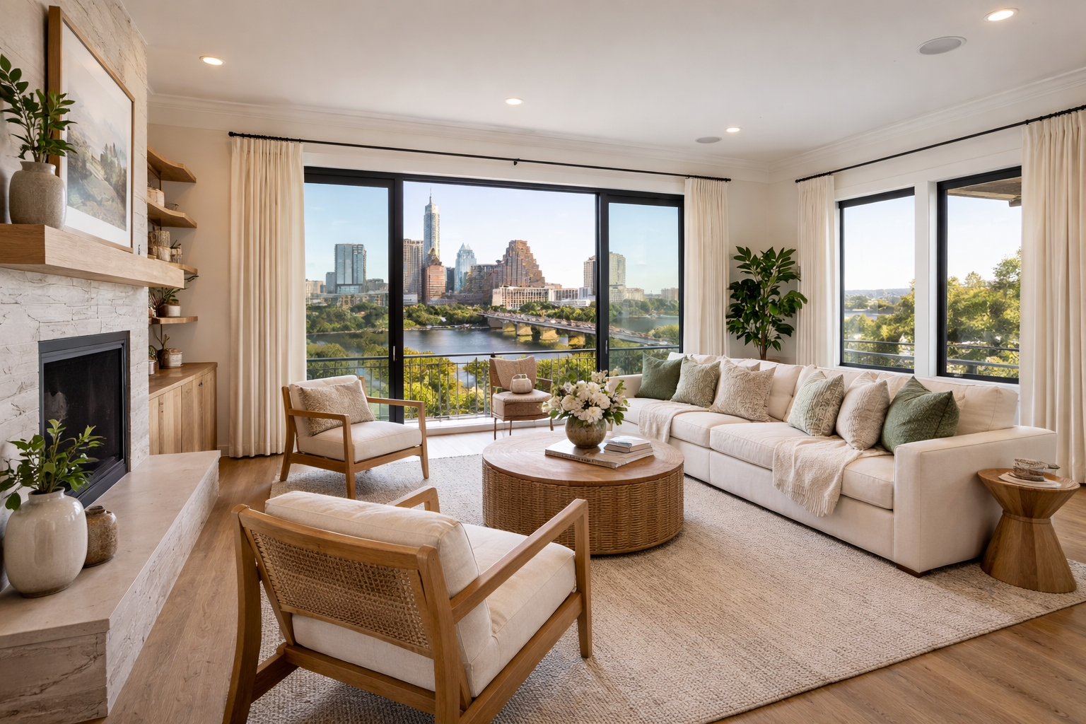 Living room with large windows overlooking a city skyline and river, white sofa with multiple pillows, two armchairs, a round wicker coffee table with a flower vase, fireplace with decorative items, and tall plants.