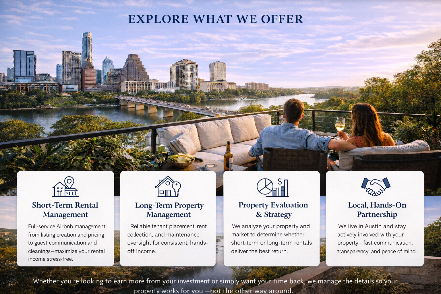 A scenic view overlooking a city skyline with skyscrapers and a river, with a couple sitting on a patio enjoying drinks, and four informational boxes about property management services.