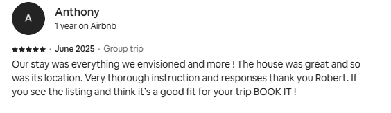 Airbnb review by Anthony from June 2025 praising a house and helpful responses