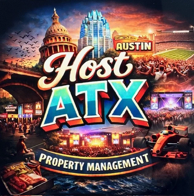 Outdoor concert in Austin with lights, crowd, and stage, along with city skyline, Capitol building, and racing event imagery in the background.