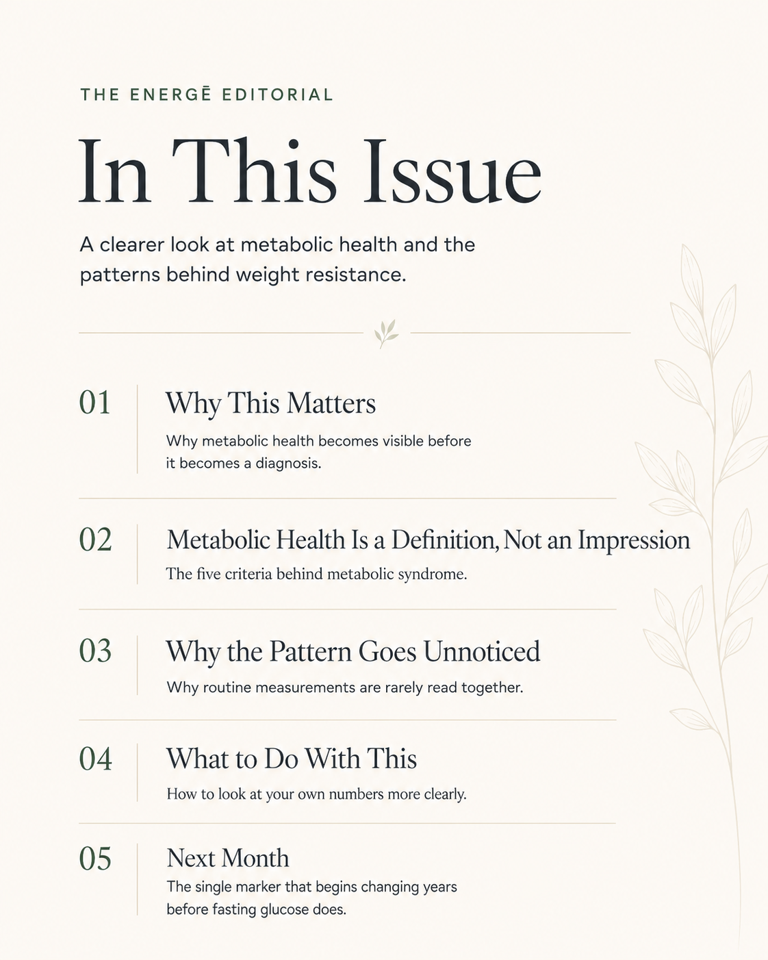 Page from a magazine or booklet with a beige background and a subtle leaf illustration on the right side. The title reads 'In This Issue' followed by a list of topics related to metabolic health and weight resistance, including sections titled 'Why This Matters,' 'Metabolic Health Is a Definition, Not an Impression,' 'Why the Pattern Goes Unnoticed,' 'What to Do With This,' and 'Next Month'.