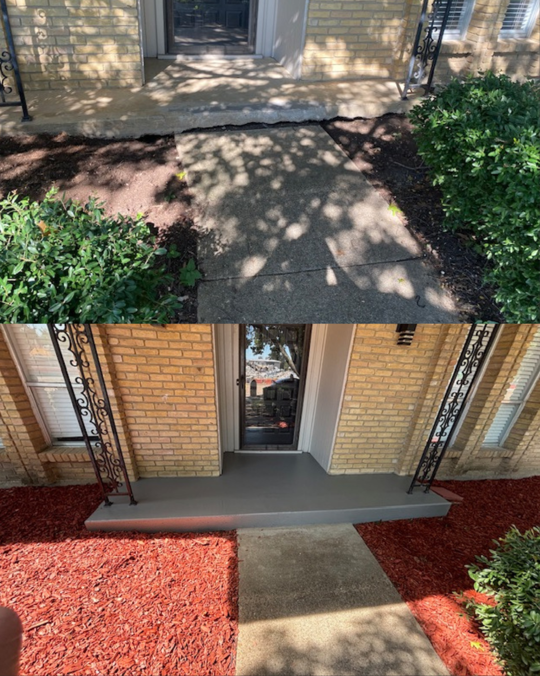 Before and after photos of a house entrance. The top photo shows a cracked sidewalk and overgrown plants, while the bottom photo shows a freshly repaired concrete porch, clean walkway, red mulch, and well-maintained plants.