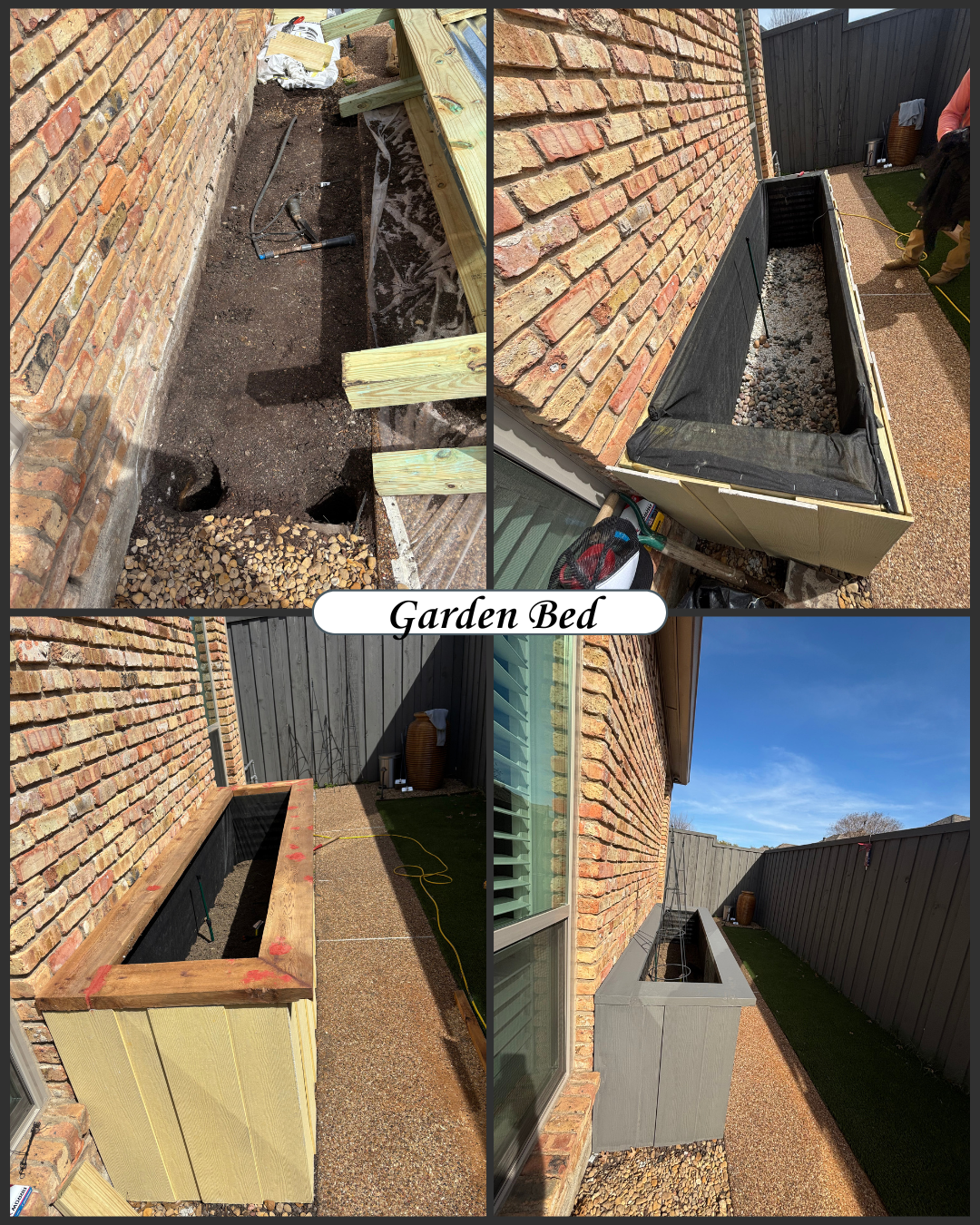 Photos showing the construction process of a garden bed along a brick wall, including excavating soil, building the bed frame with wood, lining the interior, and finished garden bed with a lining and gravel, located in a backyard with a gravel path a