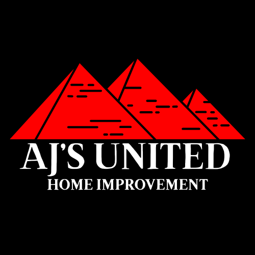 Logo with red mountains and white text that says 'AJ'S UNITED' and 'HOME IMPROVEMENT'.