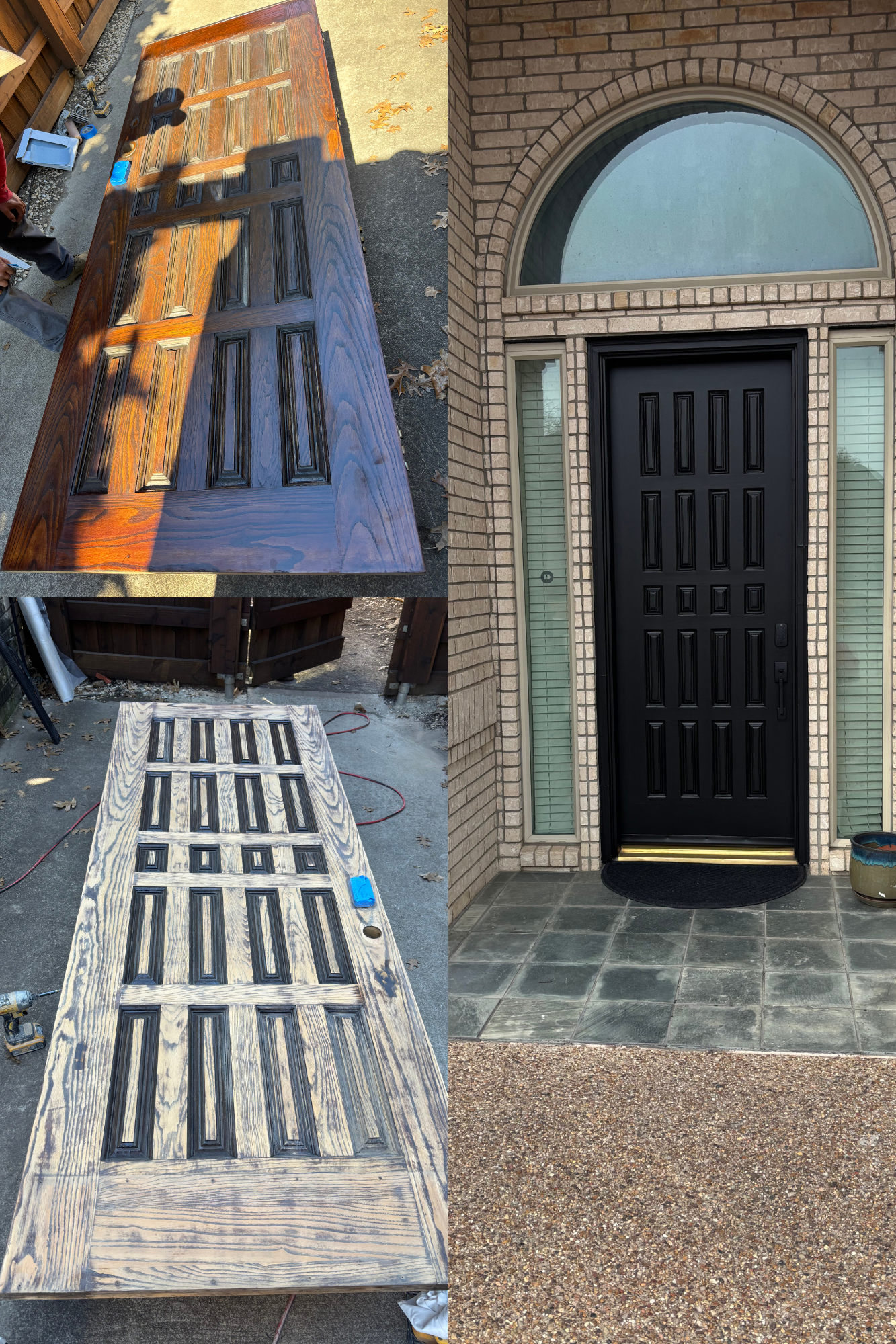 Comparison of a black front door and two wooden doors in different stages of restoration, with one door stained, another sanded, and the finished door installed at a brick house entrance.