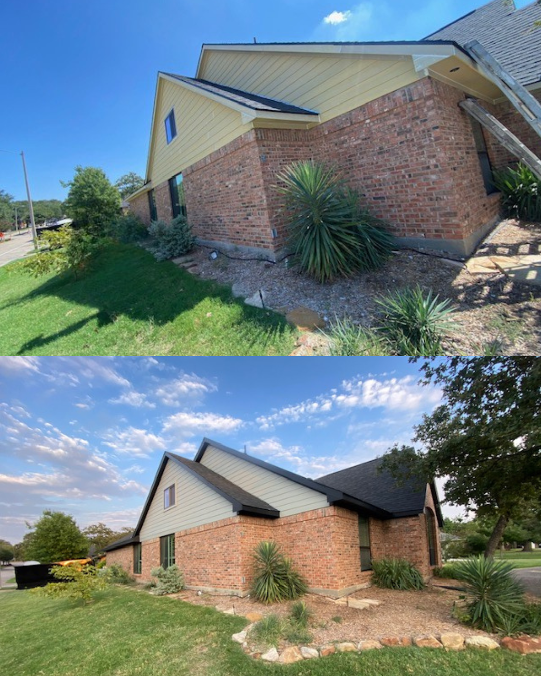 Side view of a brick house showing before and after yard landscaping with plants and a clean landscape bed.