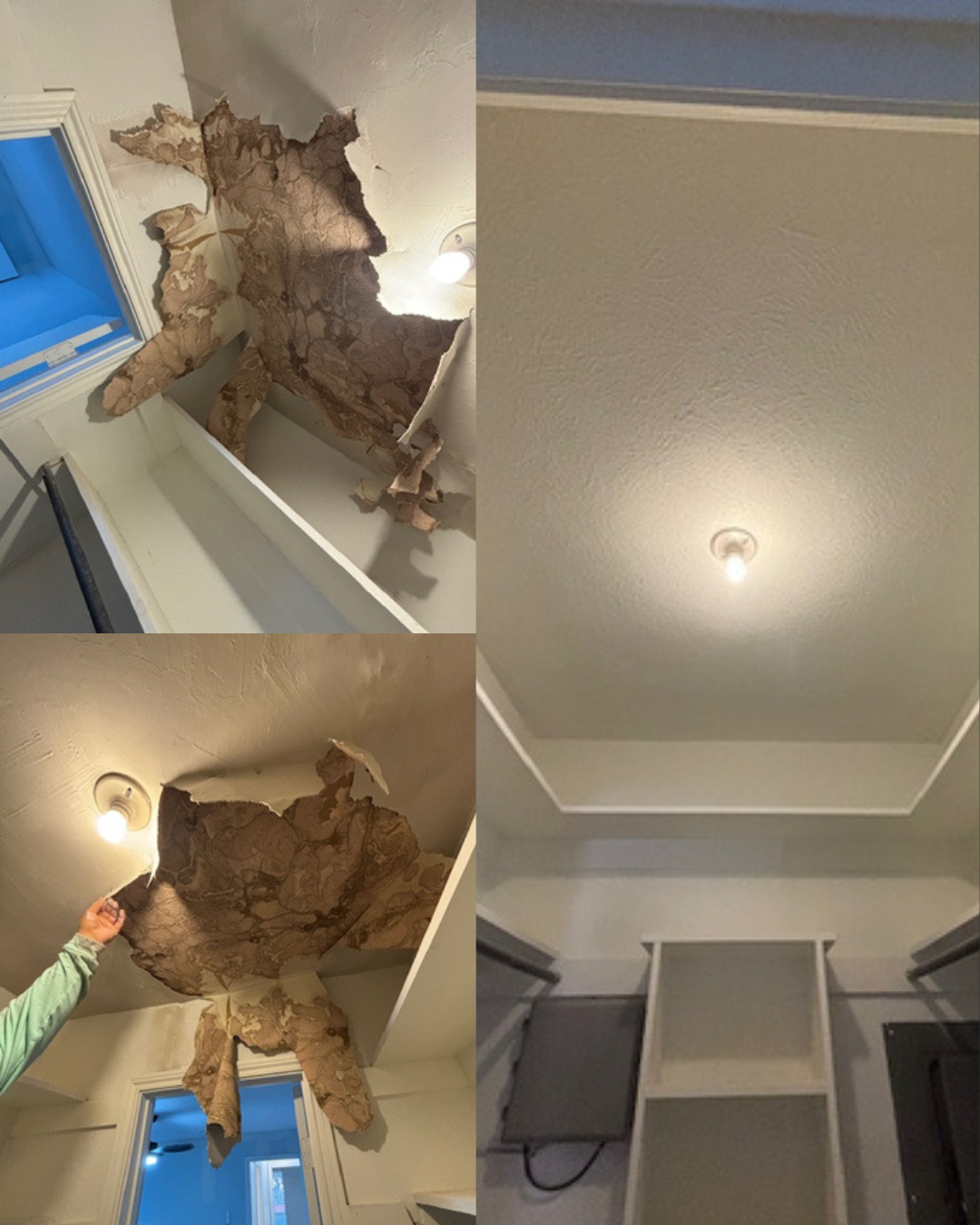Three photos showing damage and repair in a ceiling. The top left and bottom left images show a ceiling with torn wallpaper and drywall hanging down, with a person pointing at it. The right image shows a smooth, repaired ceiling with a light fixture,