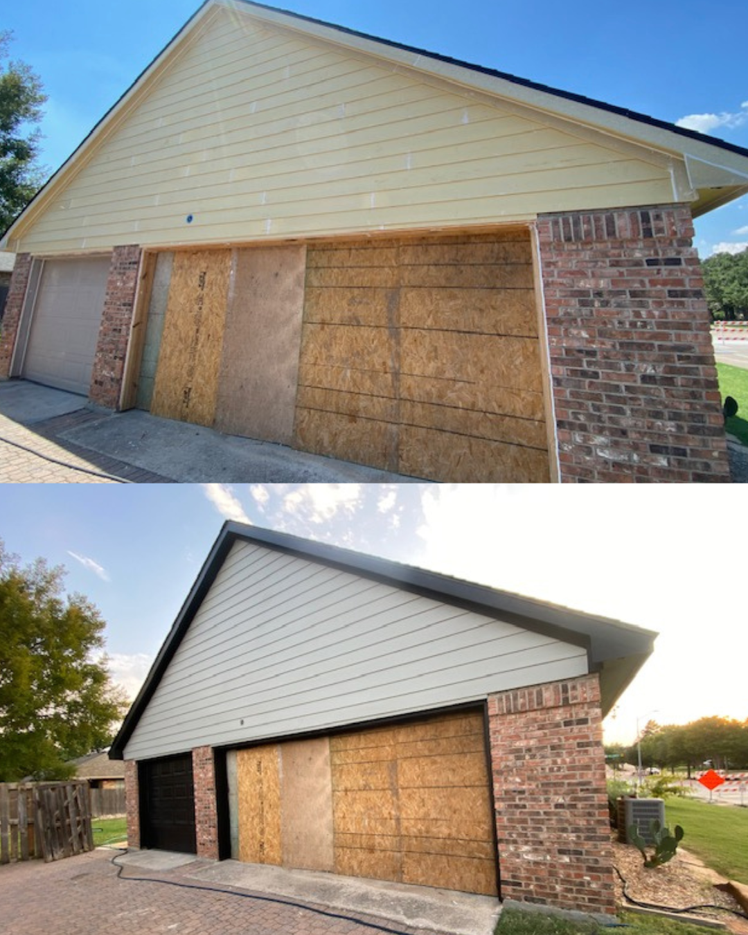Side-by-side comparison of a garage with boarded-up windows before and after installation of new siding, showing yellow siding initially and white siding after renovation.