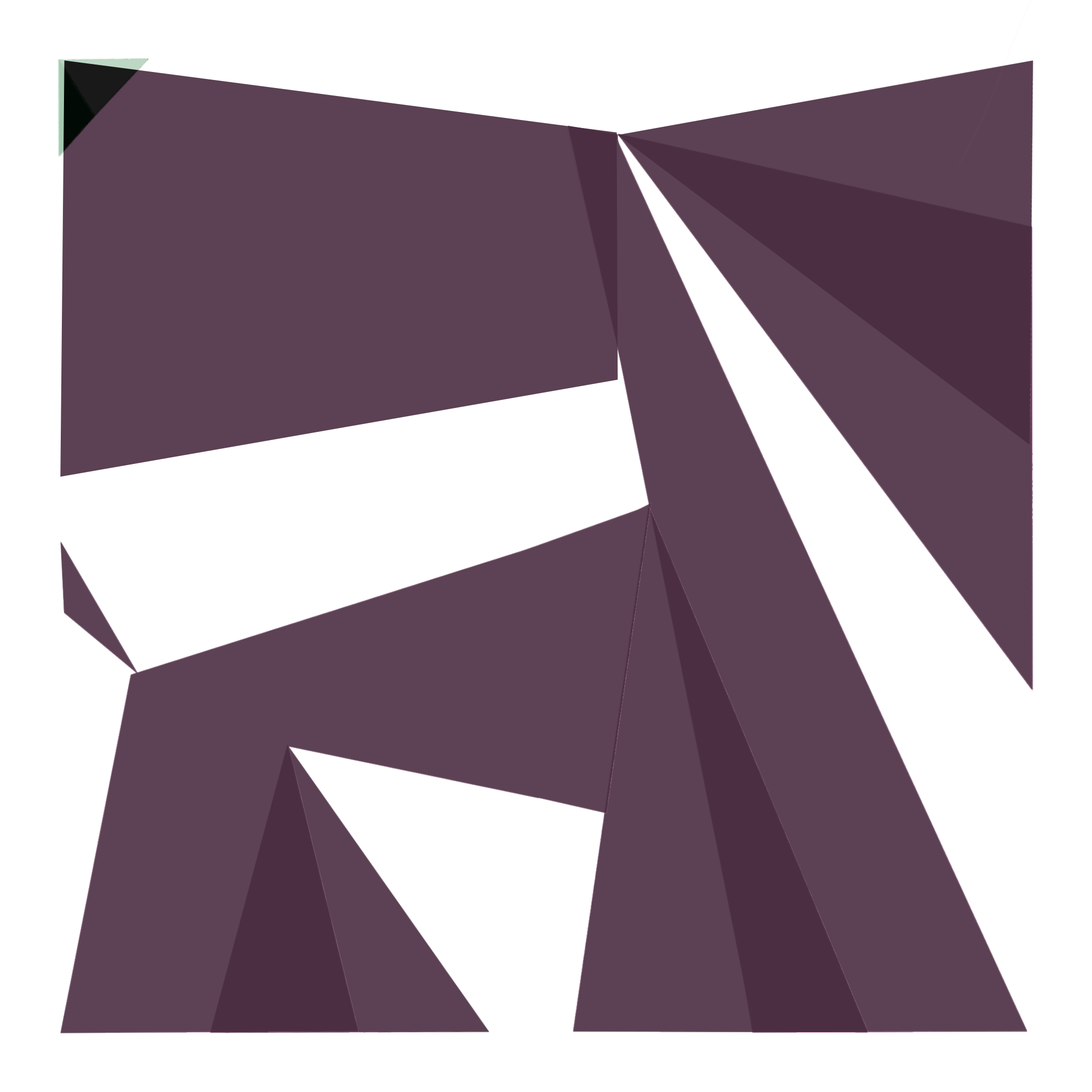 Abstract 3D geometric shape with purple and black triangles and rectangles.