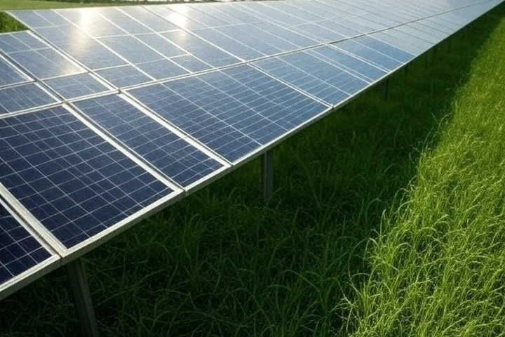 Solar panels installed on metal supports above green grass.