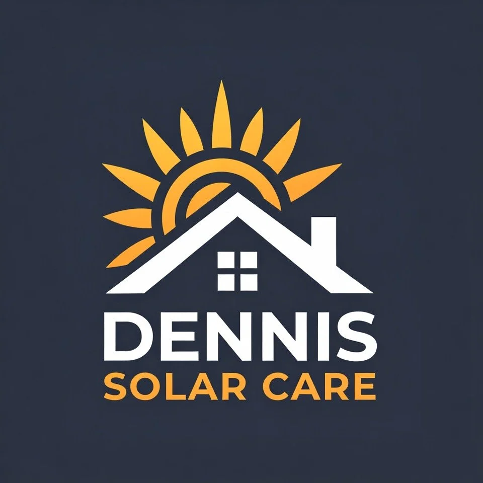 Logo for Dennis Solar Care featuring a house with a sun behind it, with the company name and services.