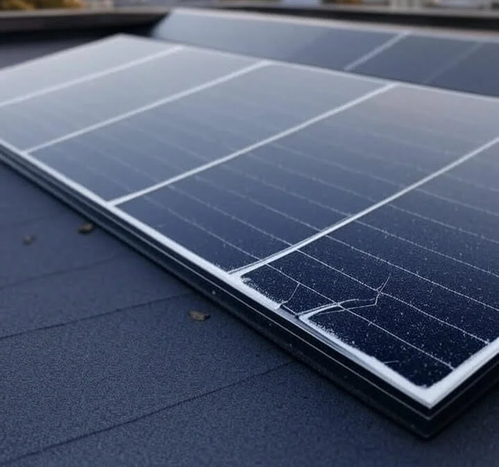 Close-up of a solar panel installed on a roof, with some cracks visible on the surface.