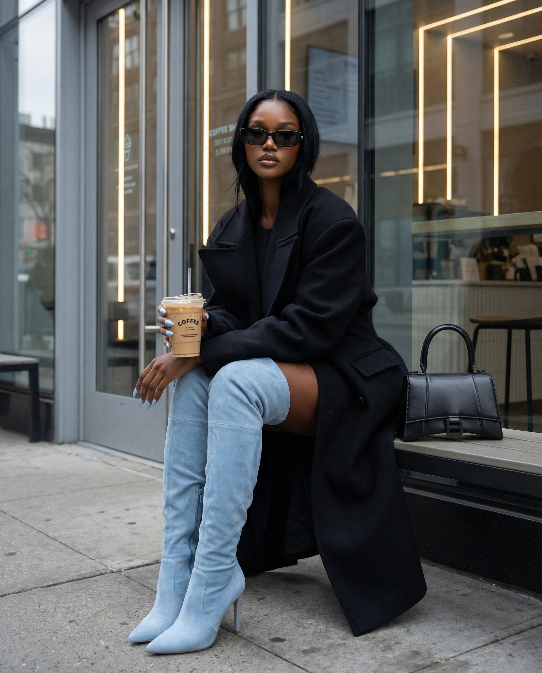 Realistic AI-generated influencer avatar of a woman sitting outside a café wearing a black coat and blue knee-high boots, created using a structured AI avatar prompt.