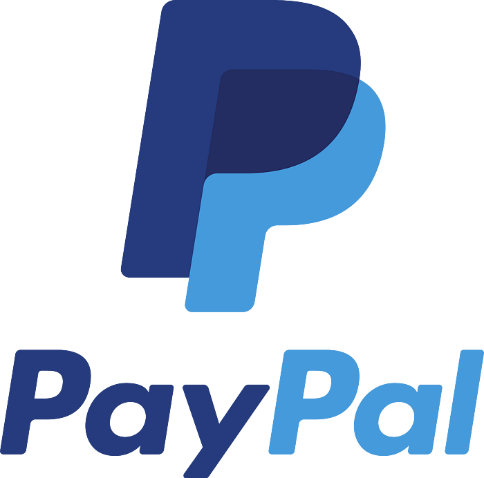 PayPal logo with stylized 'P' in dark and light blue.