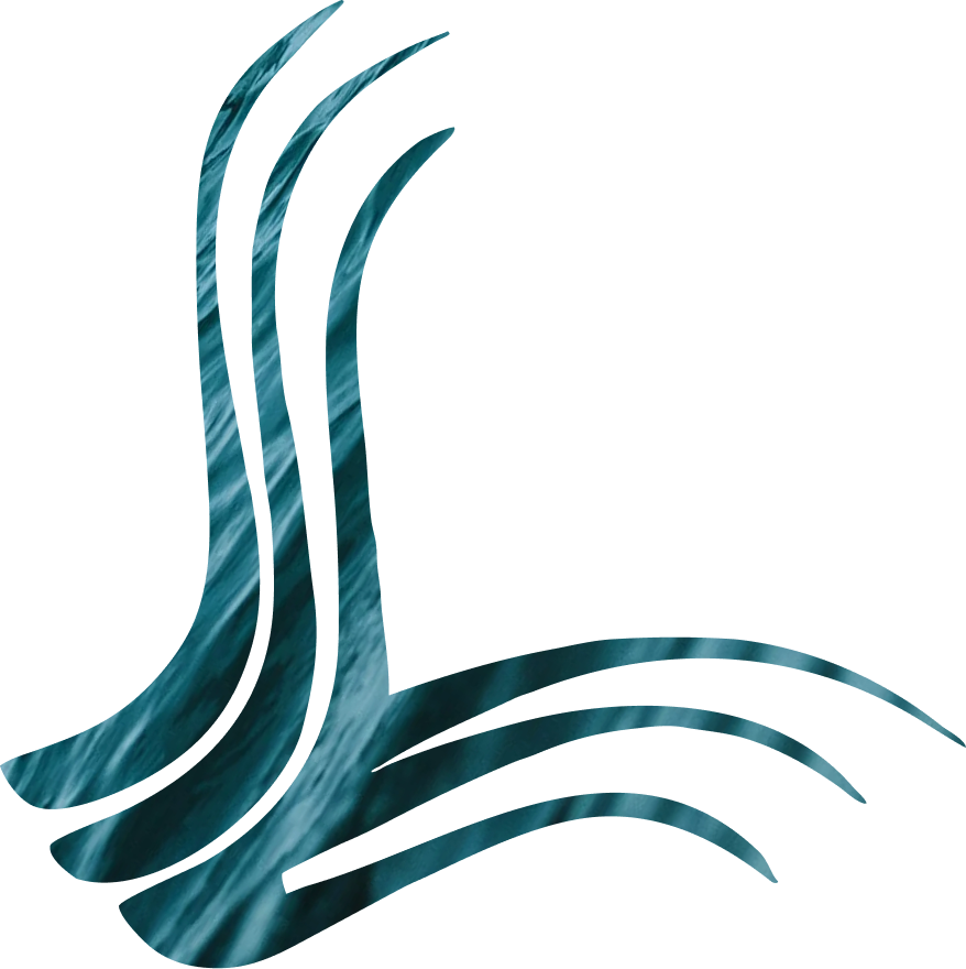 A stylized design of curved, flowing lines resembling waves or wind, with a marbled blue and teal texture on a black background.