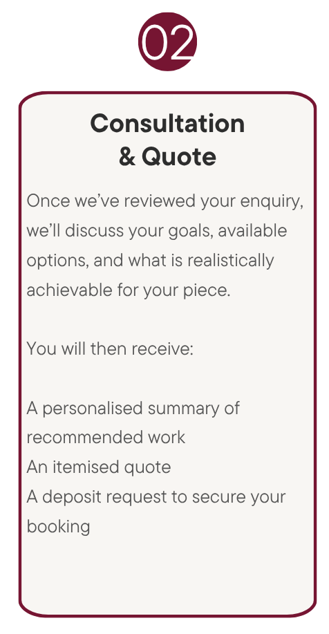 Information card titled 'Consultation & Quote' outlining the consultation process, review of goals, available options, realistic expectations, and what will be received including a personalized summary, quote, and deposit request.