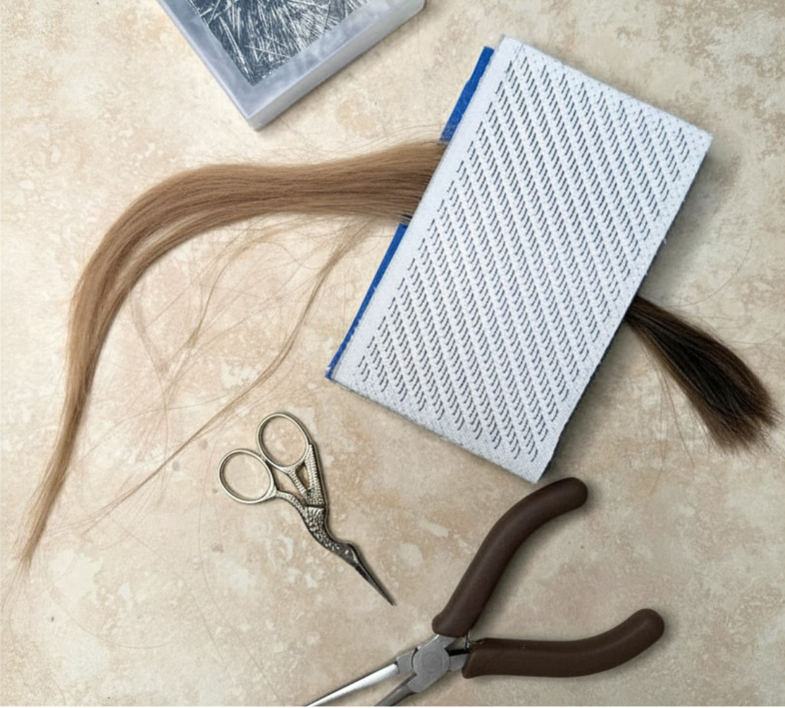 Wig makers' tools and materials including a section of blonde hair weft, a sealed hair extension weave, scissors, a coil-bristle brush, and hair extension wefts on a light-colored surface.