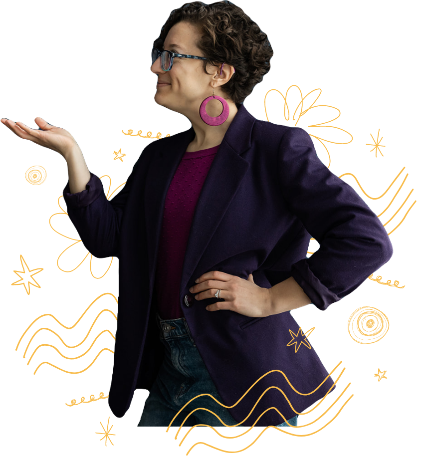 Lauren surrounded by an explosion of yellow creative doodles