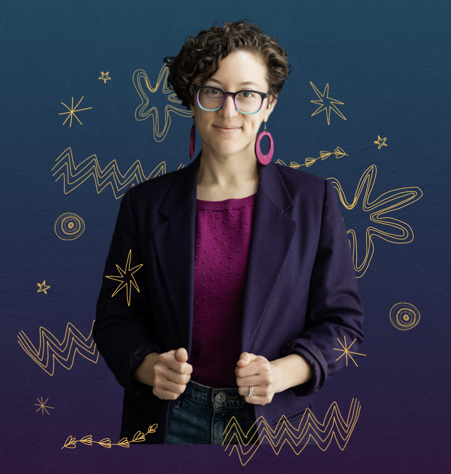Lauren standing against a dark teal wall with a confident slight smile. She's slightly holding open her purple blazer over a pink sweater and jeans, with pink earrings, and multicolor glasses. There are whimsy gold doodles surrounding her.