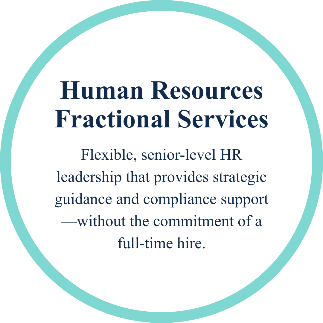 Text describing human resources fractional services written inside a circular design with a teal border. The text highlights flexible, senior-level HR leadership providing strategic guidance and compliance support without full-time hire.