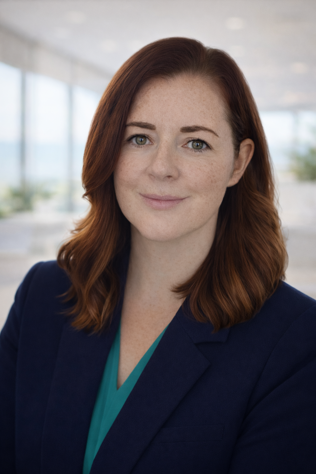 Professional portrait of a red-haired woman with green eyes, wearing a navy blazer and teal top, in a modern office setting.
