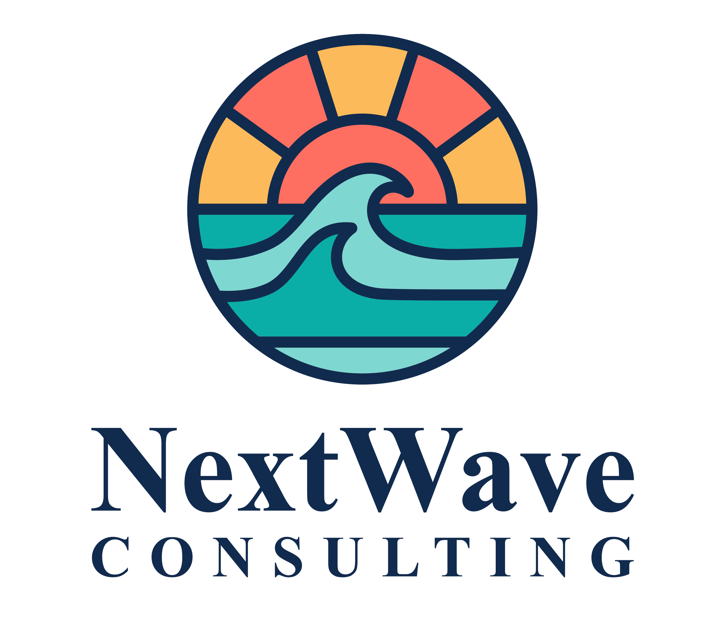 Logo of NextWave Neuroscience with a stylized wave design inside a circular shape with a rainbow of colors behind it, and the words 'NextWave Consulting' below.
