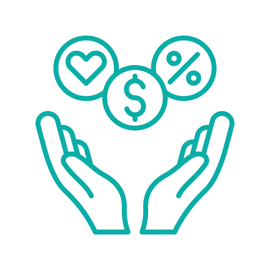 Outline illustration of two hands holding symbols representing health, money, and discounts, including a heart, dollar sign, and percentage.