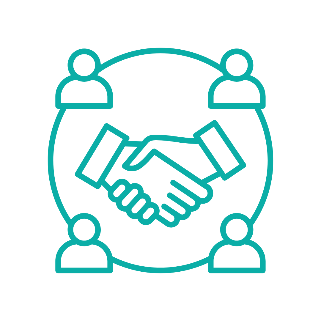 Icon of four people connected around a circle with a handshake in the center.