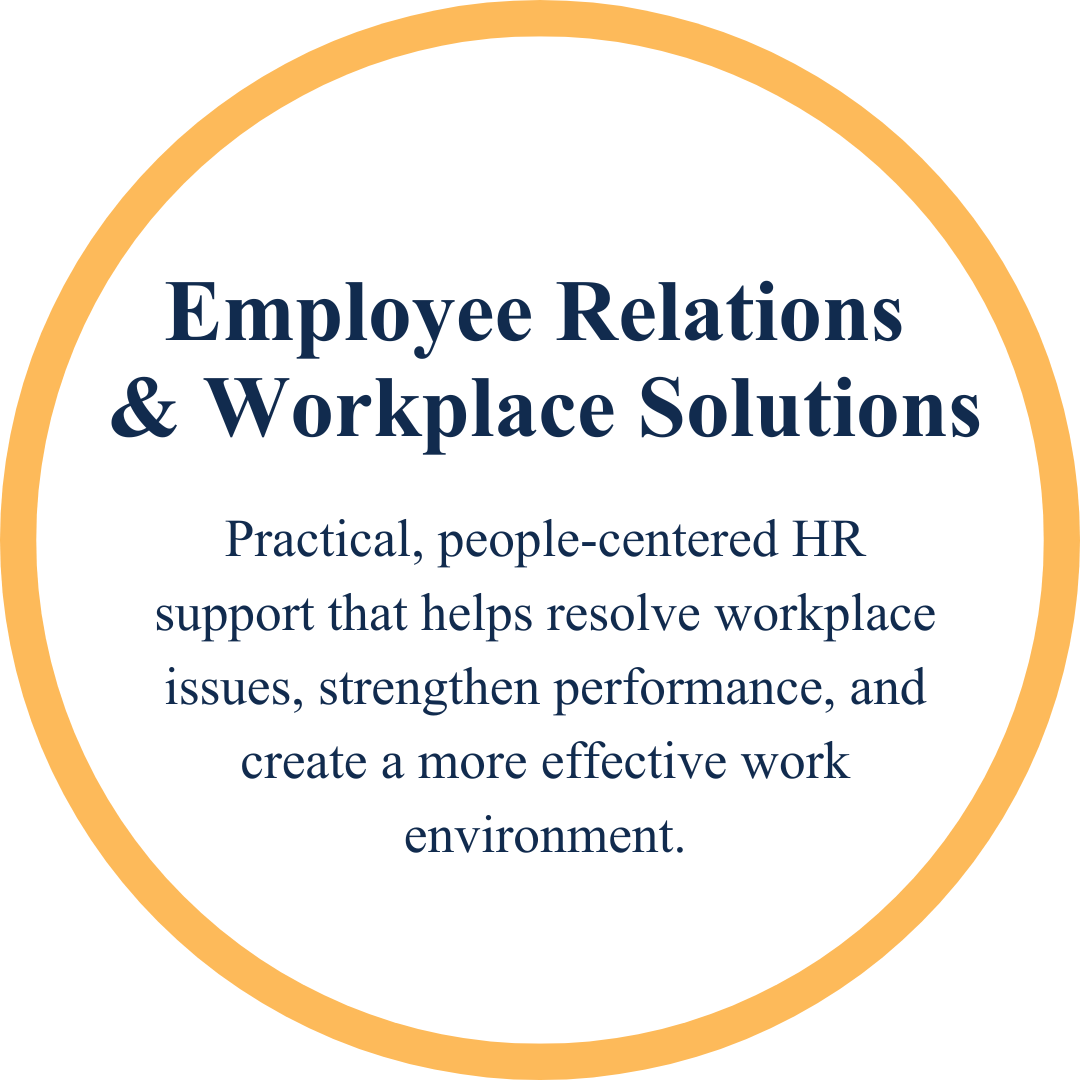 Text on a circular background discussing employee relations and workplace solutions, emphasizing practical, people-centered HR support for resolving workplace issues, improving performance, and creating an effective work environment.
