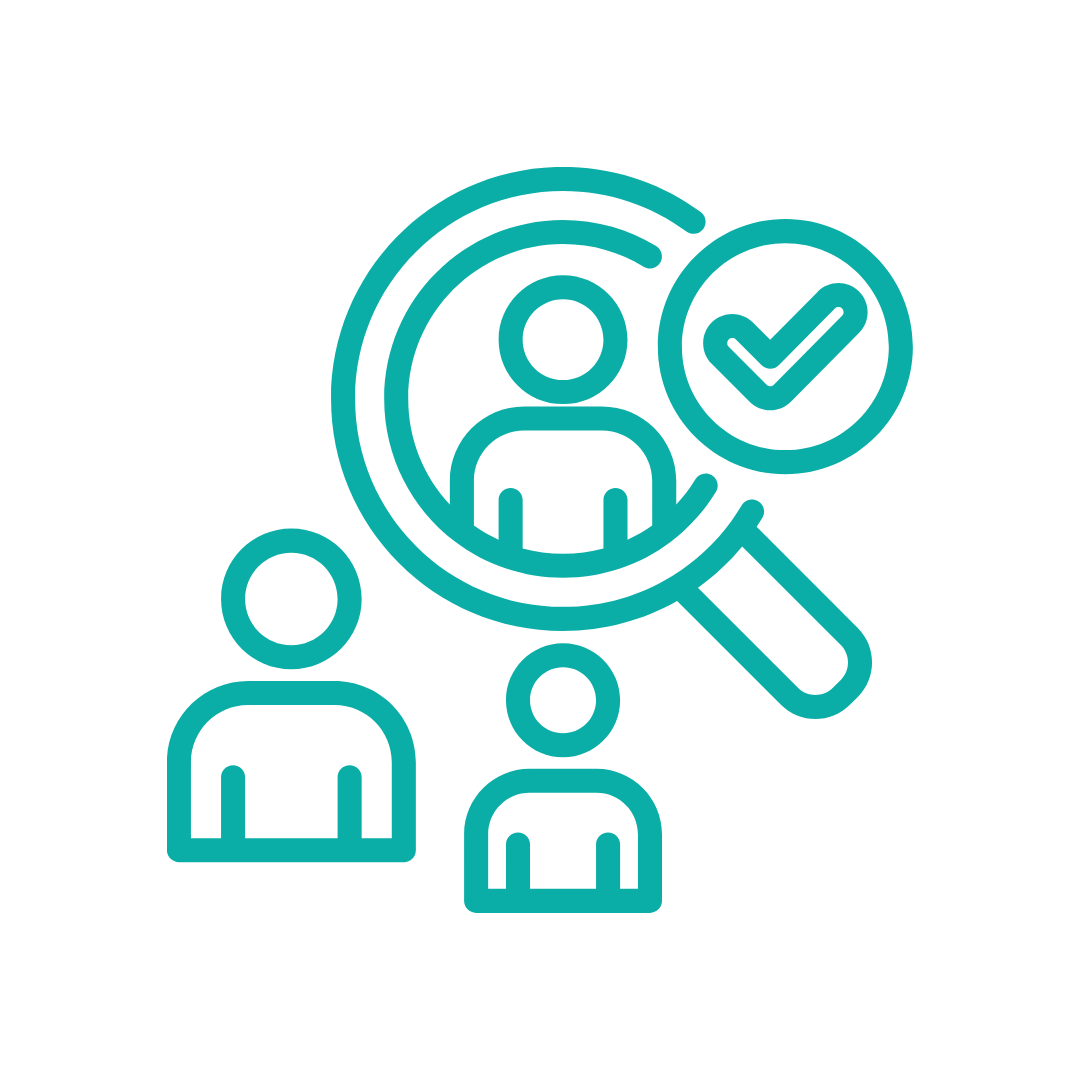 Icon of a magnifying glass focusing on a person with a checkmark, with three other people below.