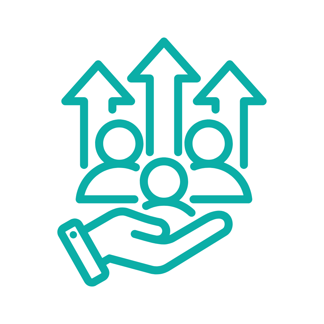 Outline of a hand holding three people with upward arrows behind them, symbolizing support or growth.