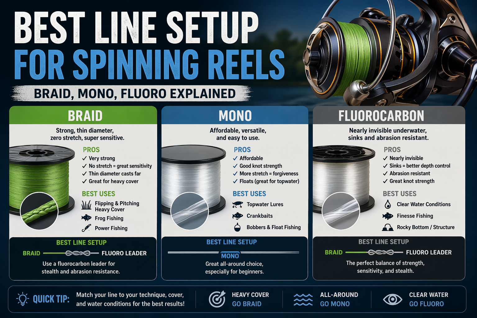 Best Line Setup for Spinning Reels (Braid, Mono, Fluoro Explained)