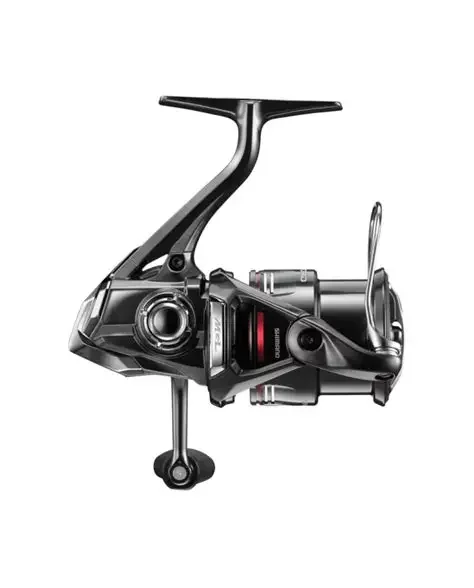 A modern black fishing reel with silver accents, positioned horizontally. Shimano Vanford