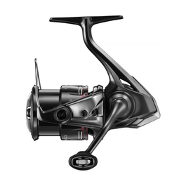 A black fishing reel with a handle and spool. Shimano Vanford